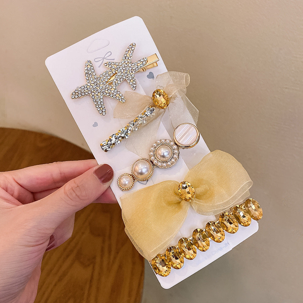 Glamorous Gold Bow & Starfish Rhinestone Hair Clip Set 5 Piece