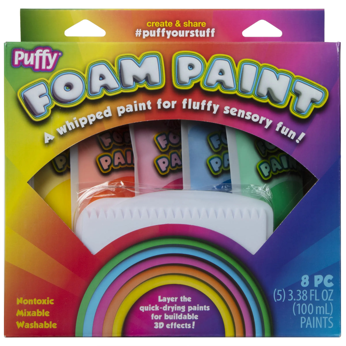 Puffy Foam Paint 8 Pieces Kit with 5 Rainbow Paints and 3 Texture Tools, Mulit-Color