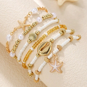 Coastal Gold & White Beaded Charm Bracelet Set