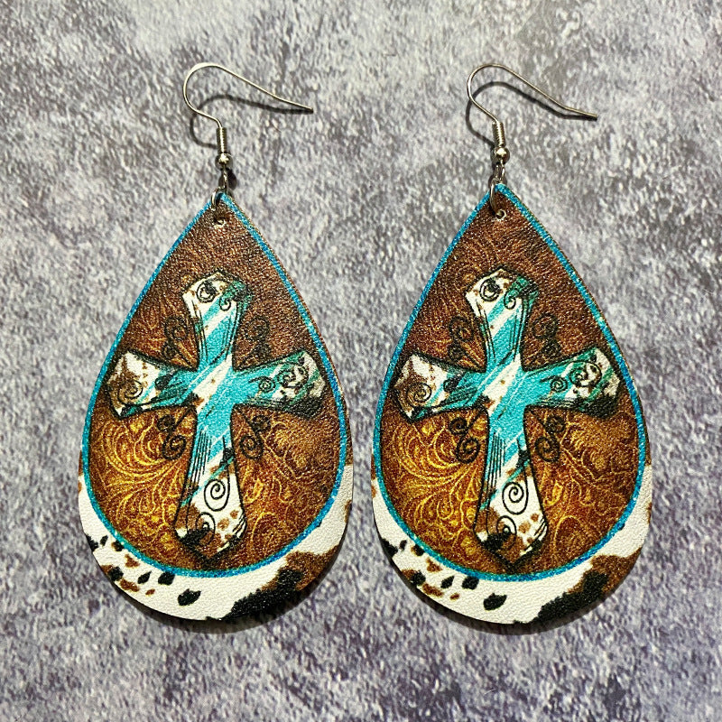 Turquoise Cross Cowhide Western Teardrop Earrings
