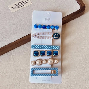 Ocean Blue Pearl & Charm Hair Clip 6 Piece Set