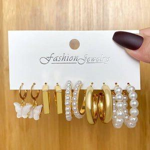 Elegant Gold & Pearl Earrings Set – Trendy Butterfly, Hoop & Drop Earrings Collection