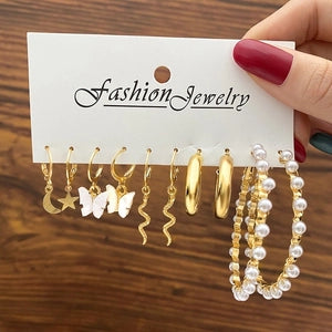 Golden Whimsy: Butterflies, Waves & Pearl Hoops