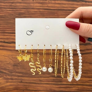 Golden Charm & Pearl Hoop Earring Set