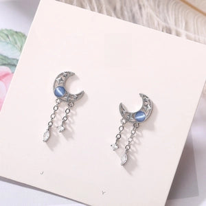 Moon & Star Drop Earrings – Elegant Silver Celestial Earrings with Blue Gemstone