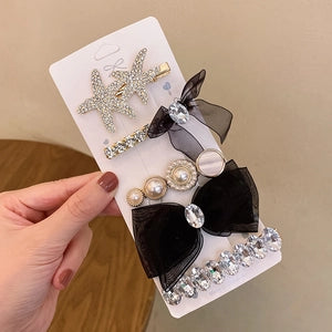 Elegant Black Bow & Crystal Starfish Hair Clip Set 5 Piece