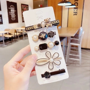 Chic Black & Gold Floral Pearl Hair Clip Set 5 Piece Set