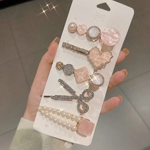 Soft Pink Pearl & Crystal Hair Clip 5 Piece Set