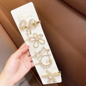 Elegant Gold Pearl & Crystal Hair Clip 5 Piece Set