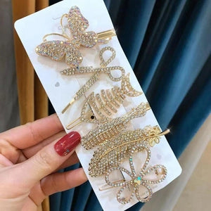 Sparkling Gold Butterfly & Bow Rhinestone Hair Clip 6 Piece Set