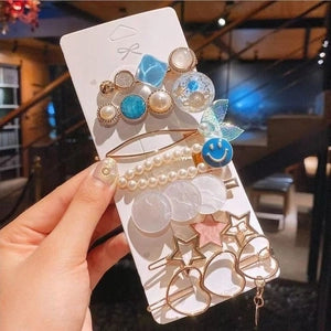Pearl & Blue Charm Hair Clip 7 Piece Set