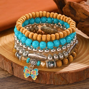 Turquoise & Wood Boho Charm Bracelet Set