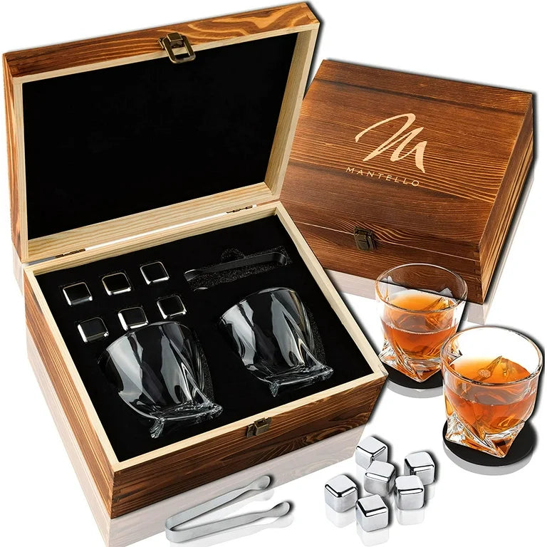 Mantello Whiskey Stones Gift Set for Men - Whiskey Glass Set of 2 with Stainless Steel Whiskey Stones - Whiskey Gifts for Men, Whisky Glasses and Whiskey Stones Rocks