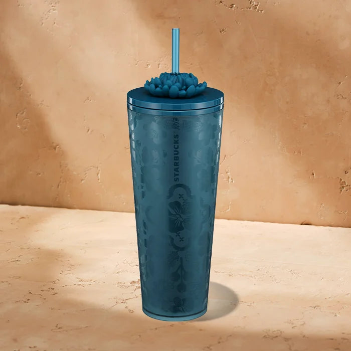 Navy Floral Cold Cup with Blooming Flower Straw Charm (24oz)