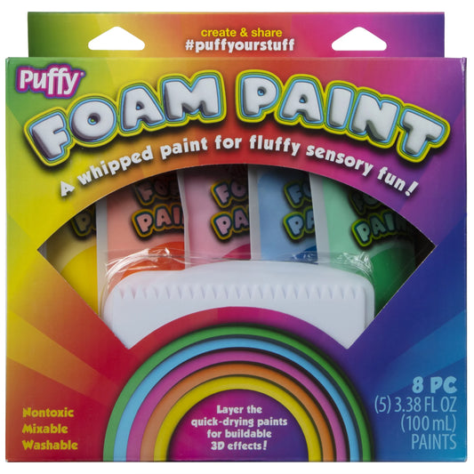Puffy Foam Paint 8 Pieces Kit with 5 Rainbow Paints and 3 Texture Tools, Mulit-Color