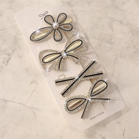 Elegant Black & Silver Rhinestone Bow Hair Clip Set 4 Piece Set