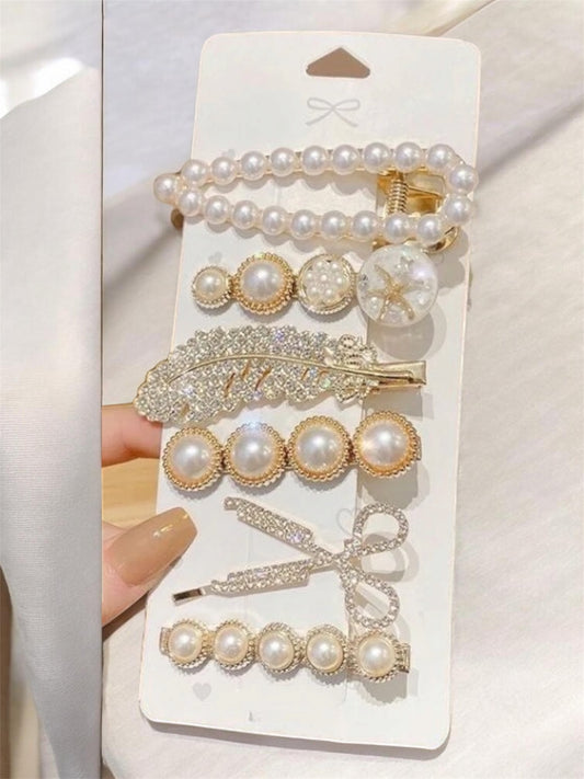 Classic Pearl & Gold Elegant Hair Clip 6 Piece Set