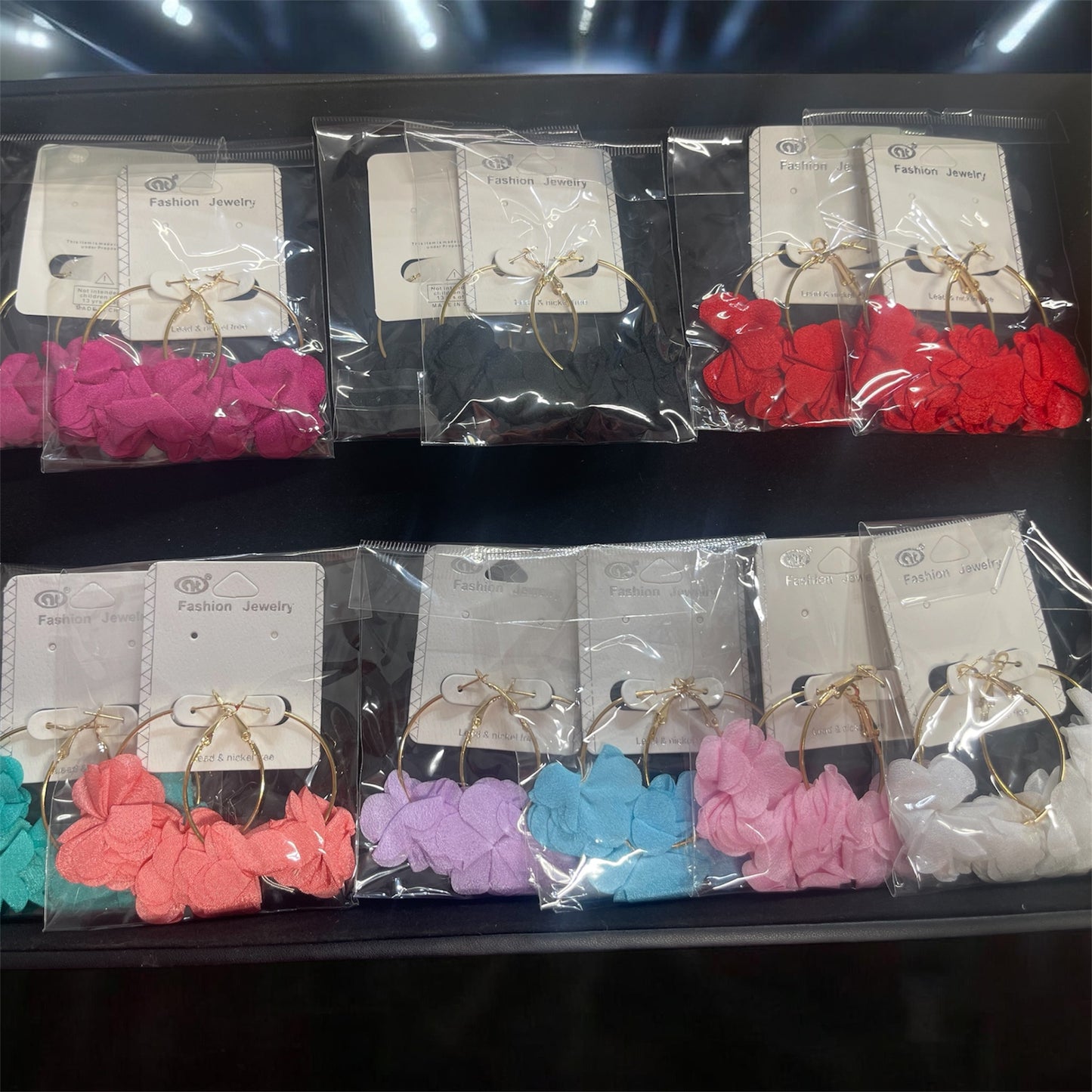 Party Bloom Floral Hoop Earrings 12 Piece Multiple Colors!