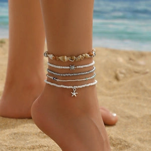 Beach-Inspired Layered Shell & Beaded Anklet Set