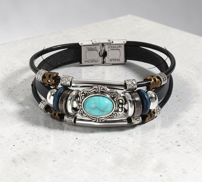 Vintage Turquoise Leather Wrap Black Bracelet