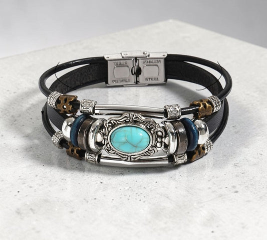 Vintage Turquoise Leather Wrap Black Bracelet