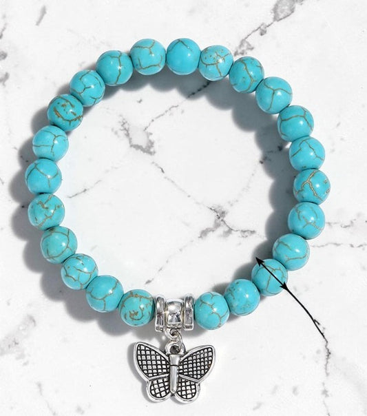 Turquoise Beaded Bracelet with Butterfly Charm