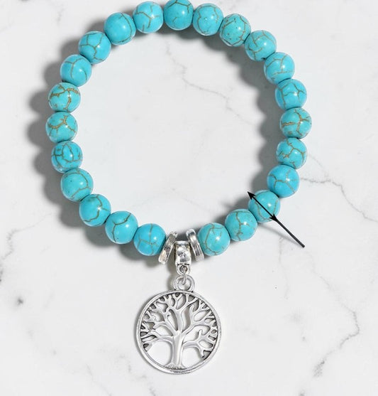 Turquoise Beaded Bracelet with Tree of Life Charm