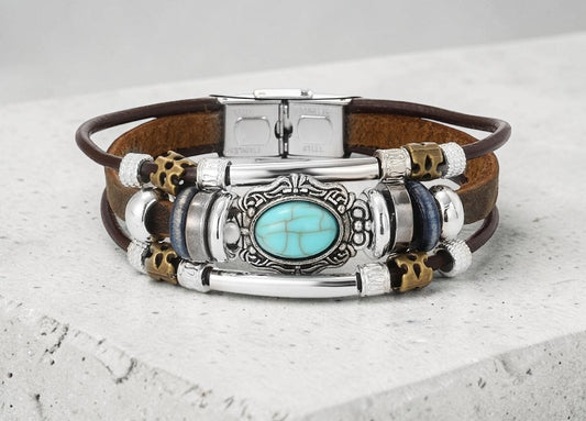 Rustic Brown Leather Turquoise Statement Bracelet