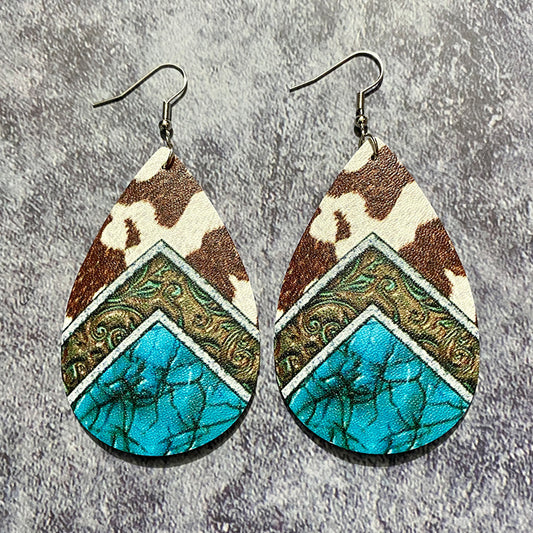 Cowhide & Turquoise Western Teardrop Statement Earrings