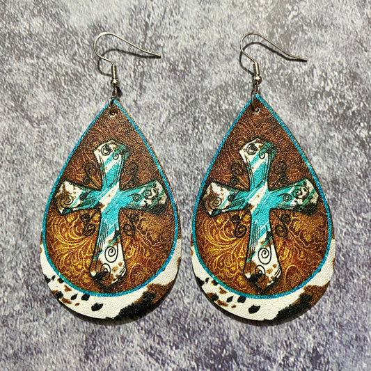 Turquoise Cross Cowhide Western Teardrop Earrings