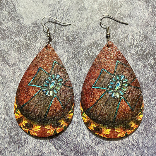 Sunflower Cross Western Teardrop Earrings