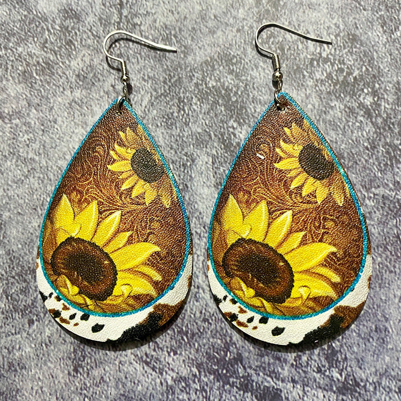 Sunflower Cowhide Turquoise Teardrop Earrings