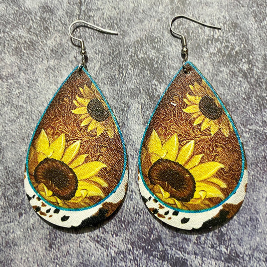 Sunflower Cowhide Turquoise Teardrop Earrings