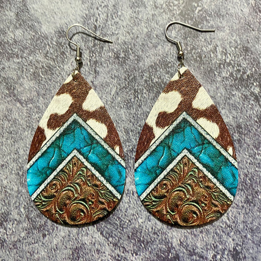 Cowhide & Turquoise Chevron Western Teardrop Earrings