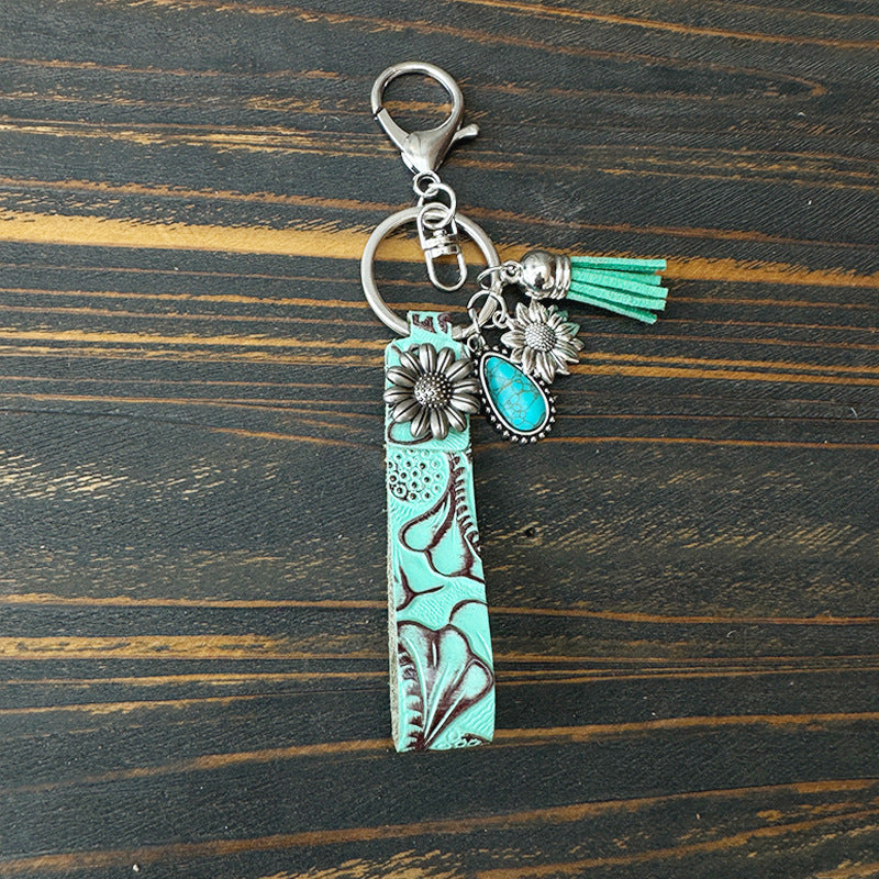 Turquoise Sunflower Western Charm Keychain